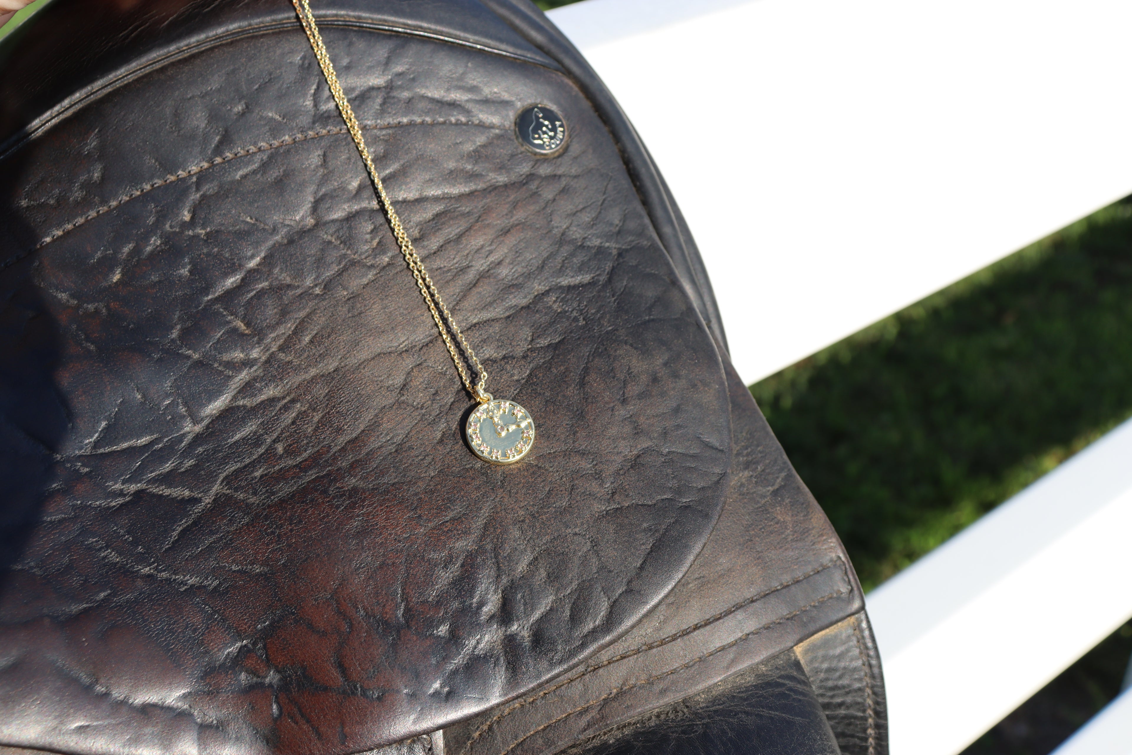 clock necklace sitting on top of dressage saddle